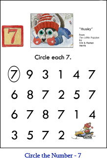 Circle the Number Worksheet  Seven (7) with Husky puppy art and a “7” number block from the early-learning counting book, Ten Little Puppies.